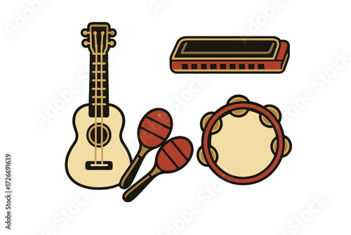 Stylized set of musical instruments featuring ukulele, maracas, harmonica, and tambourine on white background