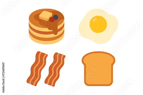 Classic American breakfast items with fluffy pancakes, fried egg, crispy bacon, and golden toast for a morning meal