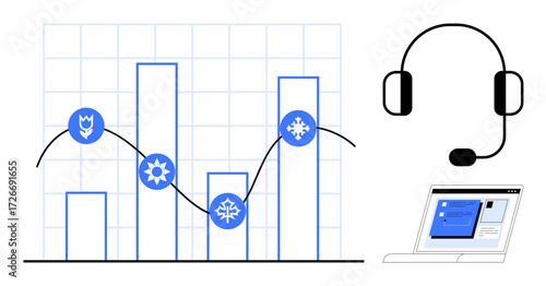 Bar chart with seasonal icons and trend line. Headset and laptop symbolizing analytics, communication, remote work, customer support, productivity, consultation, and data. A simple flat metaphor
