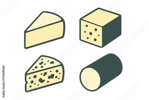 Diverse collection of gourmet cheese varieties presented in various shapes and forms, ideal for culinary themes and food-related designs