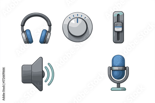 Contemporary audio control devices and sound equipment icons for digital interfaces and applications