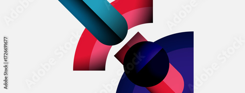 Abstract shapes overlap, creating vibrant color gradients. Composition features curves, lines, plus dark background contrasts light areas.