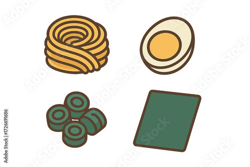 Essential Asian cuisine ingredients featuring ramen noodles, a halved boiled egg, fresh green onions, and dried nori seaweed