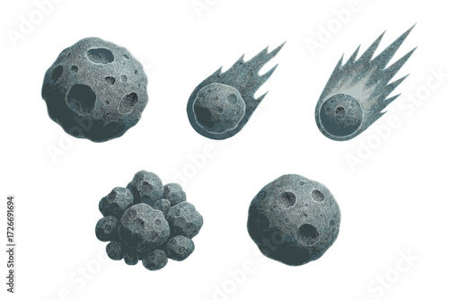 Set of stylized grey space asteroids, meteors with fiery trails, and celestial rock clusters on white background