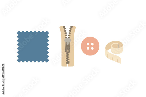 Sewing and tailoring supplies including fabric swatch, zipper, button, and measuring tape on white background