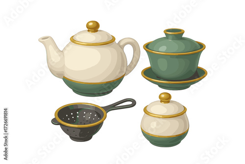 Beautifully designed tea time collection featuring a teapot, lidded teacup, matching saucer, sugar bowl, and a tea strainer with golden details
