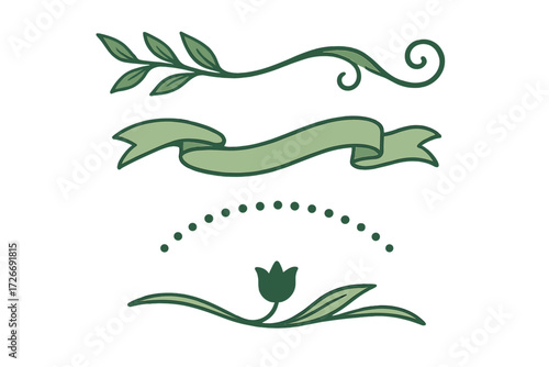 Collection of elegant green decorative floral elements with ribbon banner and dotted line dividers for various design projects and invitations