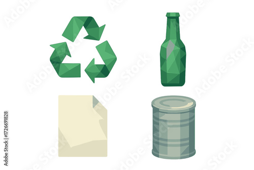 Green recycling symbol with glass bottle, paper sheet, and metal can for waste sorting and environmental protection