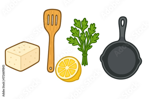 Assortment of kitchen essentials for cooking and baking including fresh herbs, citrus, dairy, and cookware