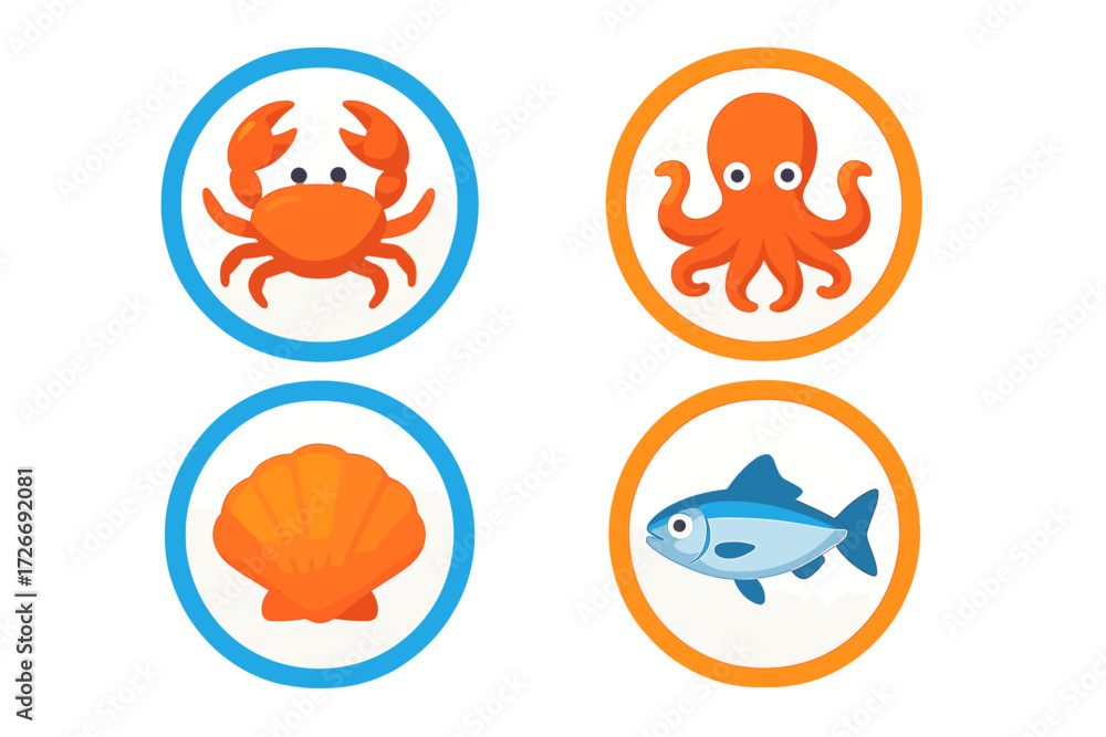 Naklejka premium Vibrant collection of marine animals and ocean life icons featuring a crab, octopus, fish, and seashell in a playful style for aquatic designs