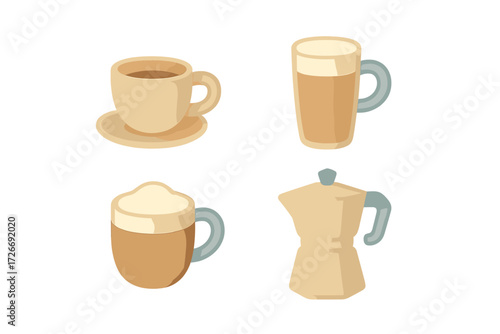 Assortment of coffee beverages and brewing equipment including espresso cup, latte glass, foamed coffee mug, and Moka pot