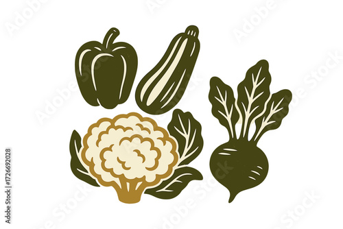 Vibrant stylized healthy organic garden vegetables featuring bell pepper, zucchini, cauliflower, and beet