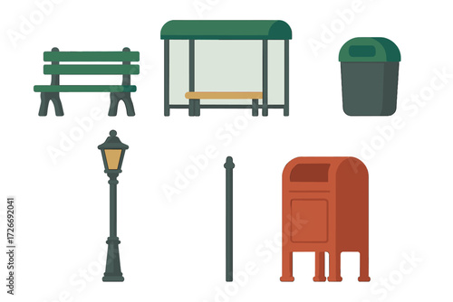 Collection of essential urban street furniture elements: park bench, bus stop, trash can, street lamp, and mailbox for city design