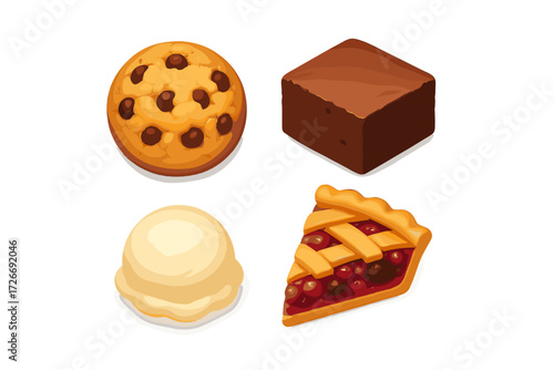Dessert collection featuring a chocolate chip cookie, rich fudge brownie, creamy vanilla ice cream, and a slice of cherry pie