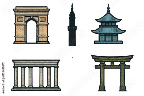 Iconic architectural landmarks from around the world featuring diverse cultural buildings and historical monuments in a unique style