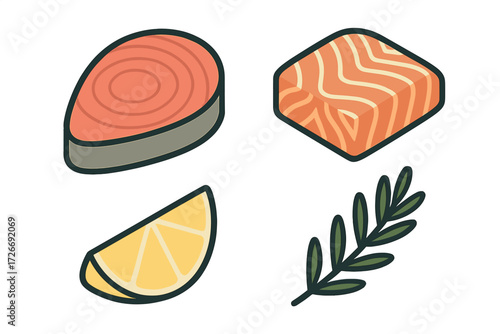 Fresh raw salmon steak and fillet pieces with bright yellow lemon wedge and green rosemary sprig for healthy cooking preparation