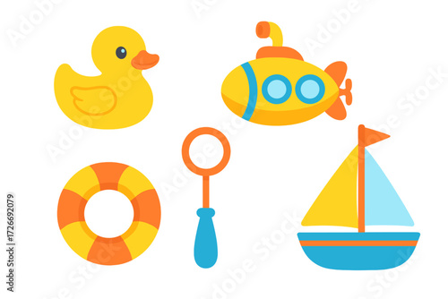 Colorful collection of children's bath toys and water play items featuring a rubber duck, submarine, and sailboat
