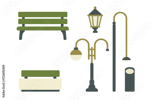 Collection of park furniture and lighting elements including benches, street lamps, and a public waste bin