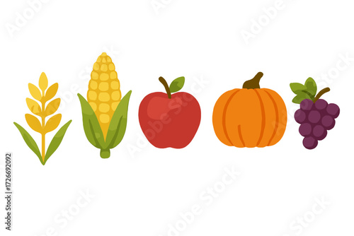 Vibrant autumn harvest produce arrangement featuring golden wheat corn red apple orange pumpkin and purple grapes