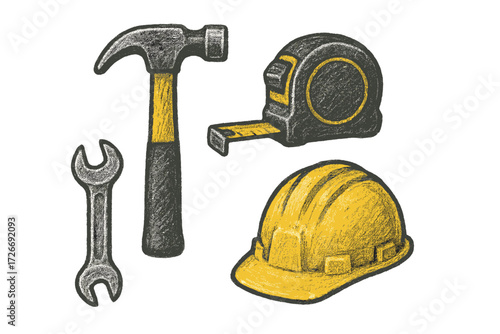 Essential construction tools including hammer, wrench, tape measure, and hard hat for building and repair work