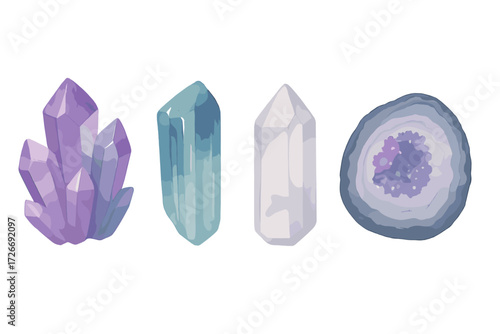 Natural healing crystals and gemstones, including amethyst cluster, clear quartz point, and blue crystal