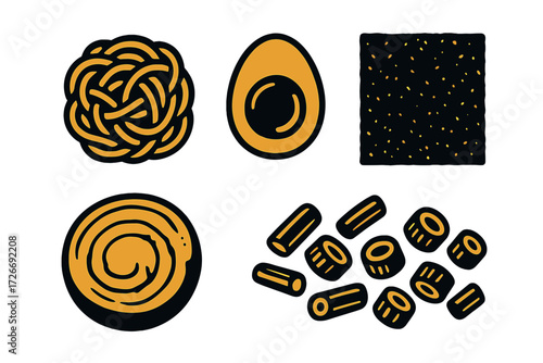 Diverse collection of modern abstract geometric shapes and patterns in a sophisticated black and gold color palette