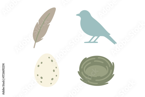 Stylized bird feather, speckled egg, and woven nest with a bird silhouette, representing spring, new life, and natural elements in a clean, modern design