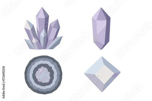 Diverse set of geometric crystal formations and a cross-section of a geode in a modern flat design style with soft pastel colors