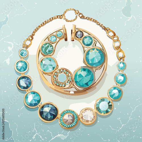An opulent illustration of a golden necklace and matching earrings adorned with sparkling turquoise and deep blue crystals, a symbol of timeless elegance
