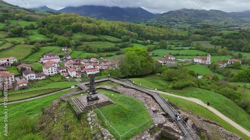 Aerial view of Amaiur village and its historic ruined castle at Nafarroa, Basque Country.