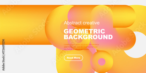 Bright geometric background features overlapping shapes, warm colors, text, button. Modern design suitable for website headers or posters.