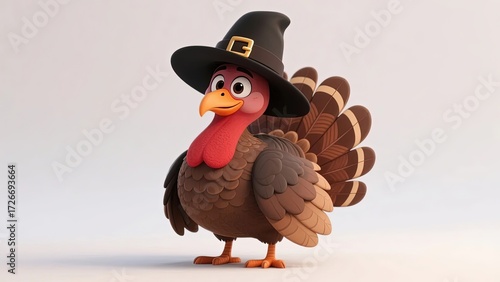 A cartoon turkey wearing a pilgrim hat, standing against a plain background.