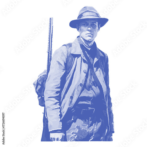 Illustration of a lone traveler in a hat with a rifle slung over his shoulder, set against a simple background, evoking a sense of adventure and exploration
