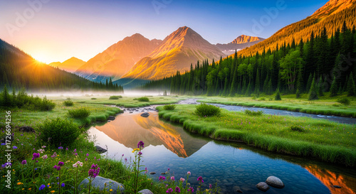 Mountain landscape with sunset or sunrise over the lake, showcasing nature's reflection and scenic panorama
