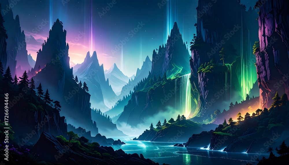 Fototapeta premium Mystical mountain valley, vibrant lights