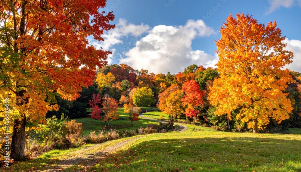 Naklejka premium Autumnal path through colorful woods