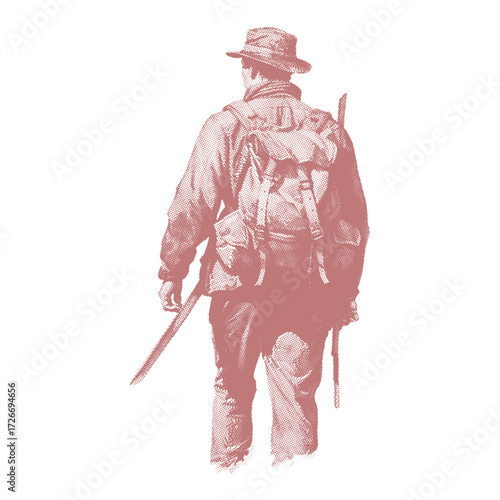 Vintage traveler with backpack and walking stick, seen from behind, in a sepia tone illustration