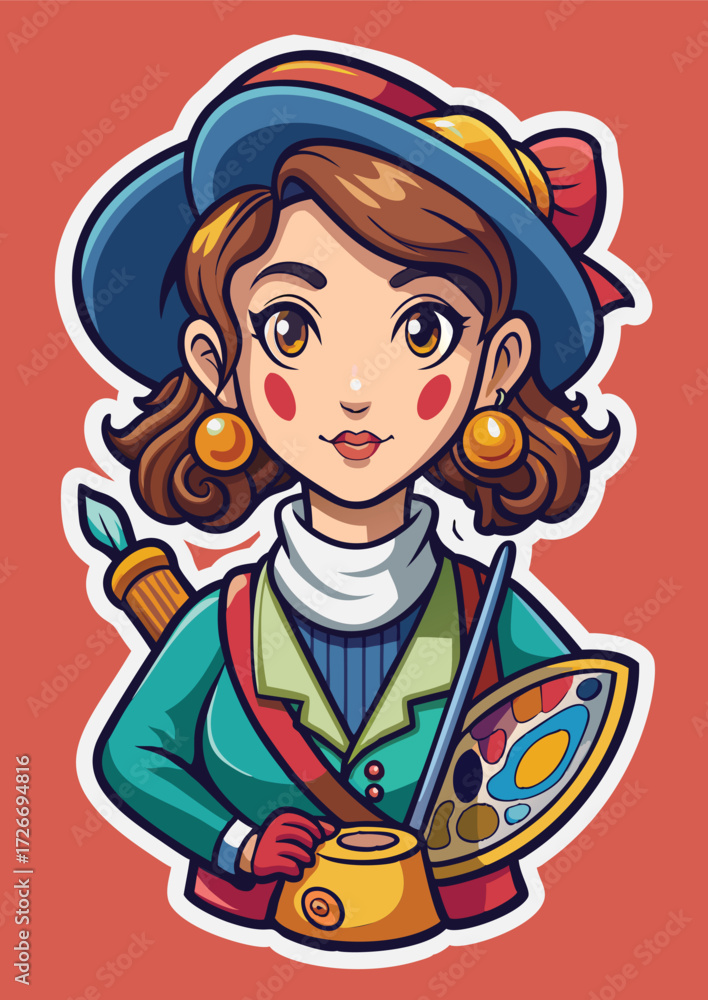 Fototapeta premium Cartoon female artist with a beret