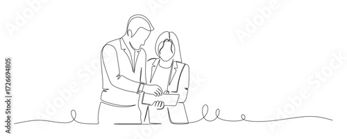 Line art of business men and women discussing and looking at gadgets.