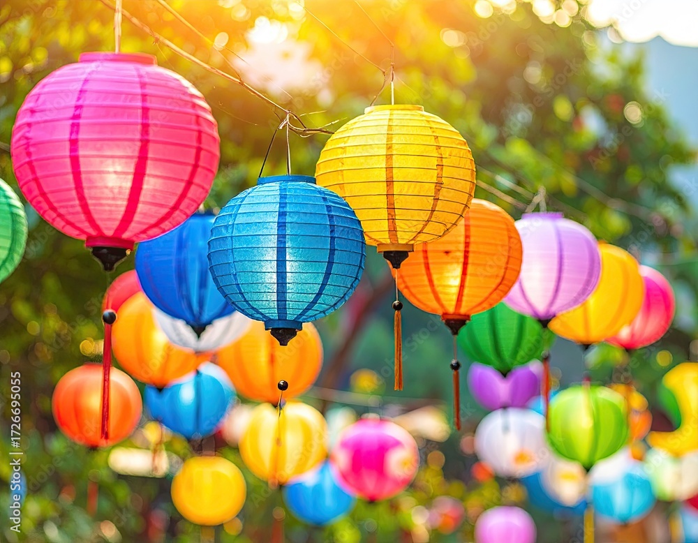 Fototapeta premium Colorful Paper Lanterns Hanging Outdoors in Sunlight