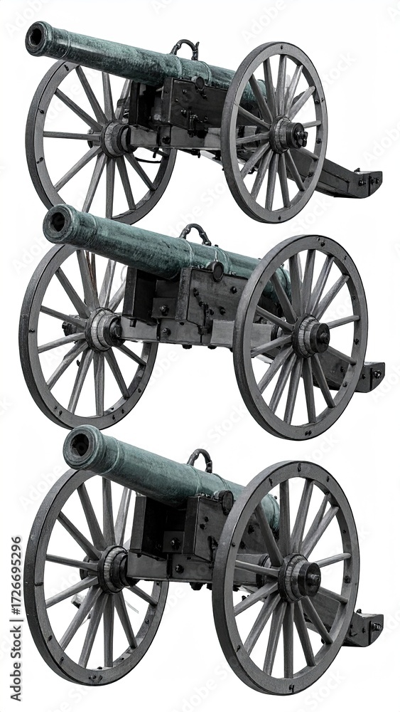 Fototapeta premium Three antique cannons on carriages, displayed side-by-side
