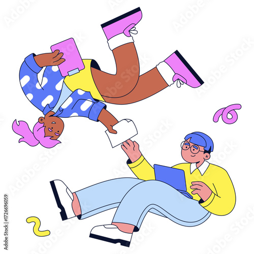 Woman passing paper sheet to man