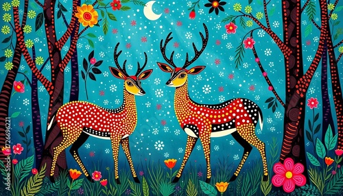 Two stylized deer in whimsical forest, Gond-Madhubani & Aboriginal dot art fusion,  forest,  Madhubani