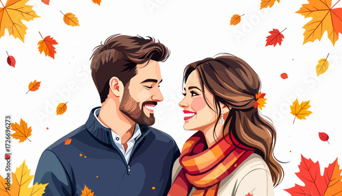 Young couple smiling at each other surrounded by falling autumn leaves  