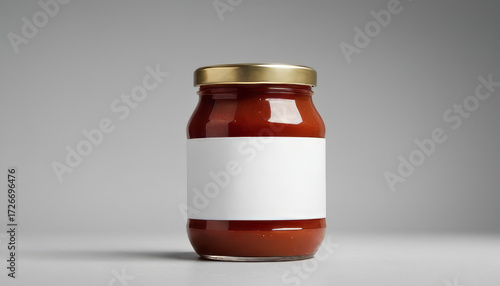 Sauce jar mockup in glass with golden lid and white label  