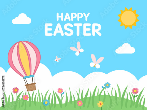 Cartoon Happy Easter Scene with Hot Air Balloon Flowers Butterflies Rainbow Sun and Clouds