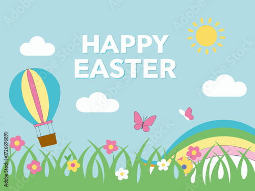 Cheerful Happy Easter Scene with Hot Air Balloon Rainbow Flowers Butterflies and a Sunny Sky