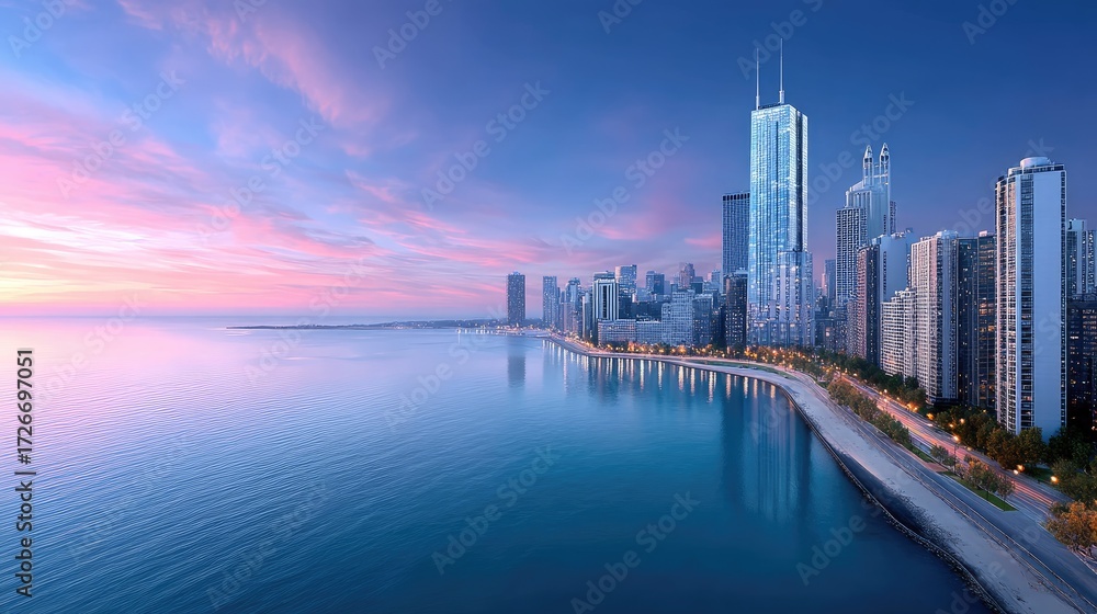 Fototapeta premium Cityscape Aerial View with Blue and Purple Sky at Dusk HDR Urban