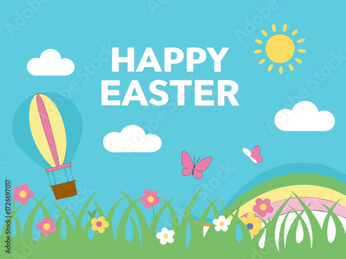Cartoon Happy Easter Scene with Hot Air Balloon Flowers Butterflies Rainbow Sun and Clouds