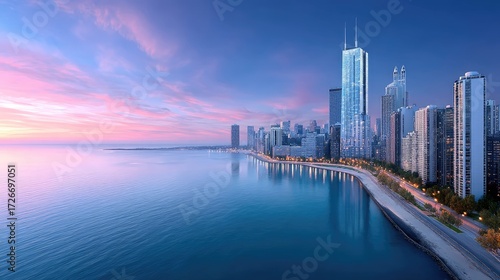 Wallpaper Mural Cityscape Aerial View with Blue and Purple Sky at Dusk HDR Urban Torontodigital.ca